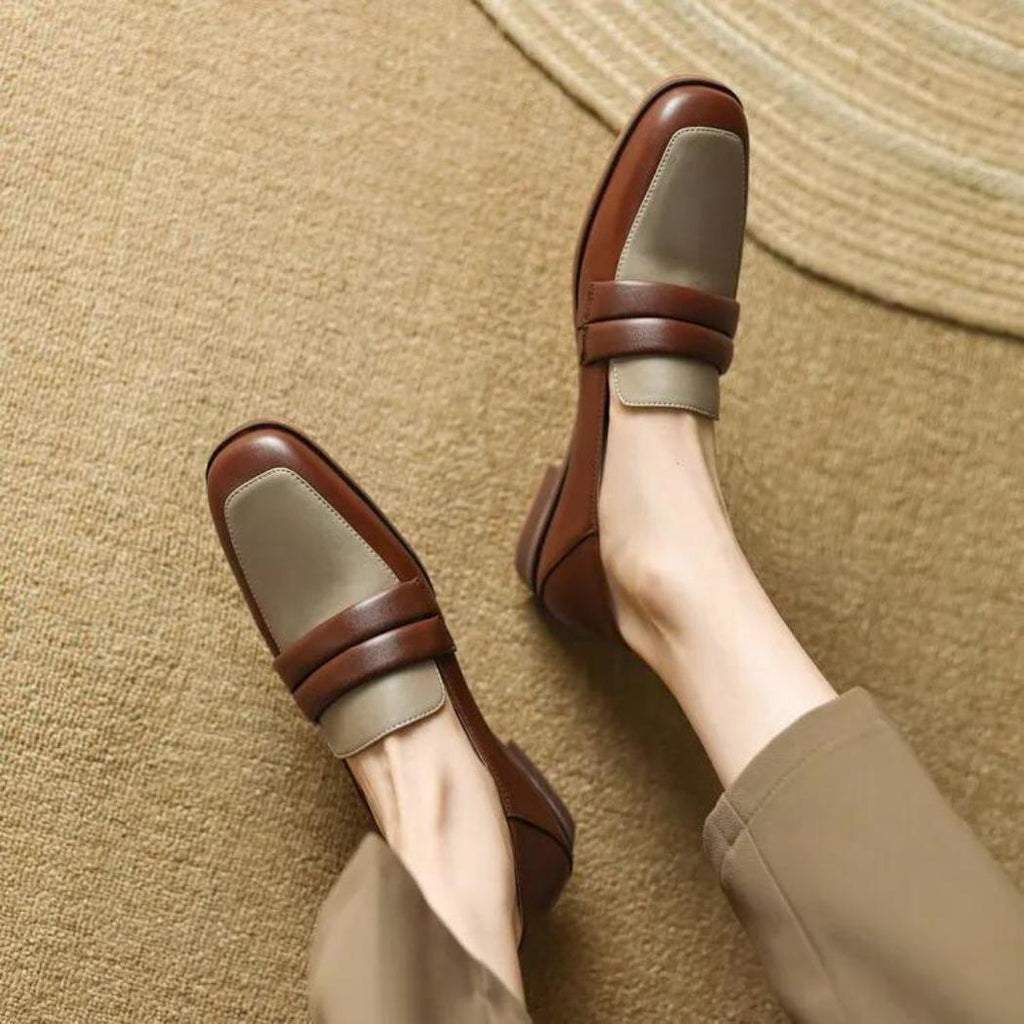Mocassins bicolores à talon carré en cuir véritable pour femme