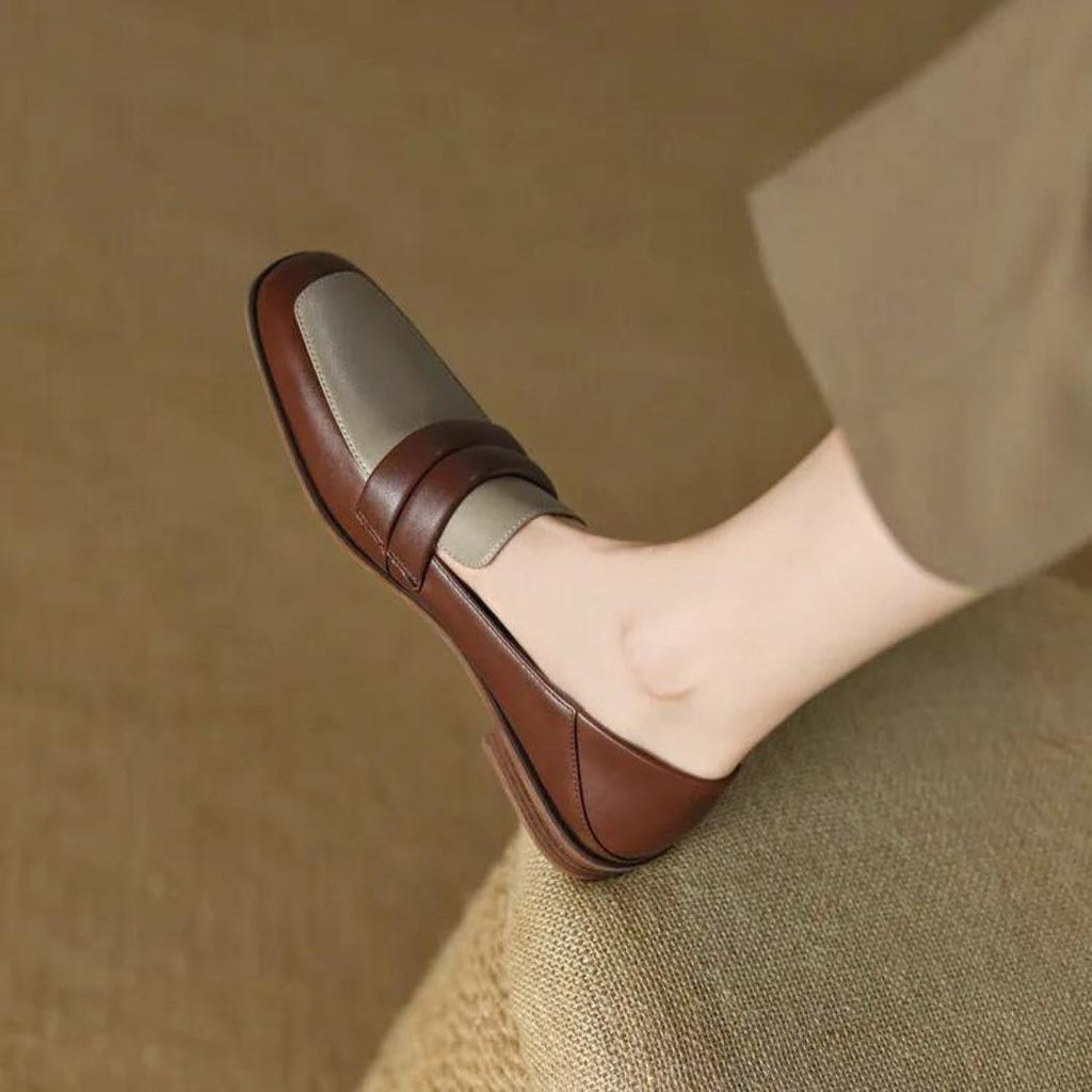 Mocassins bicolores à talon carré en cuir véritable pour femme