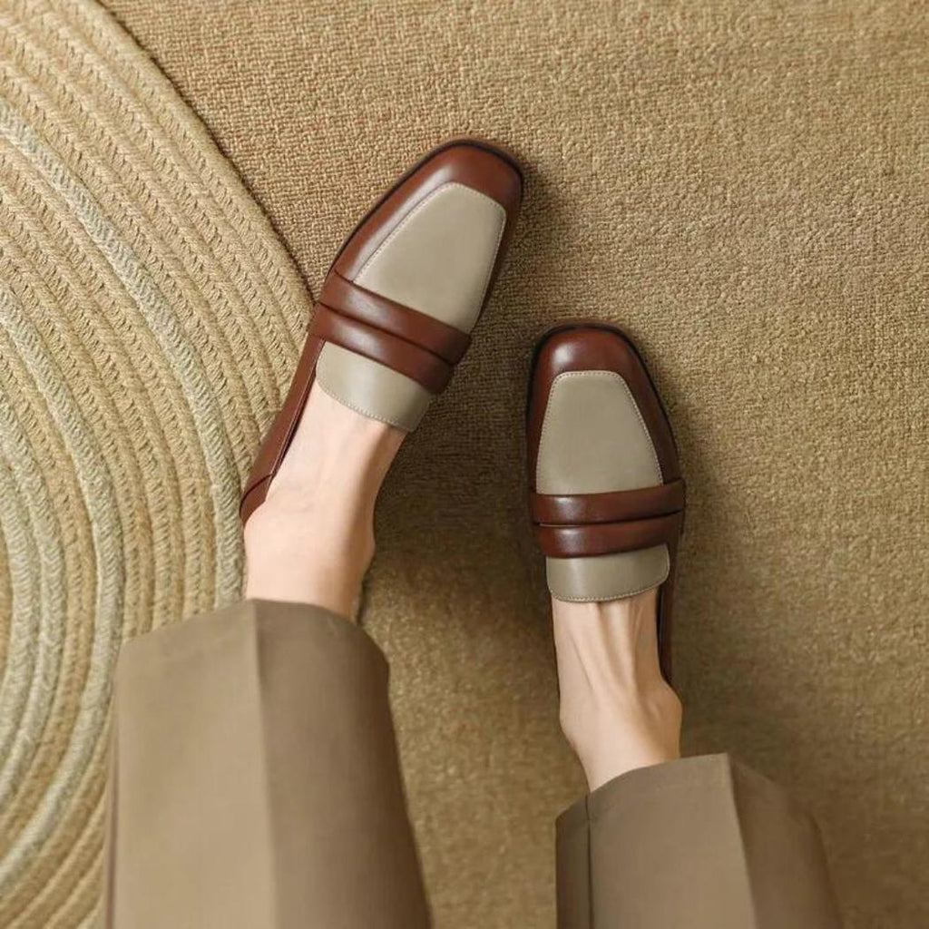 Mocassins bicolores à talon carré en cuir véritable pour femme