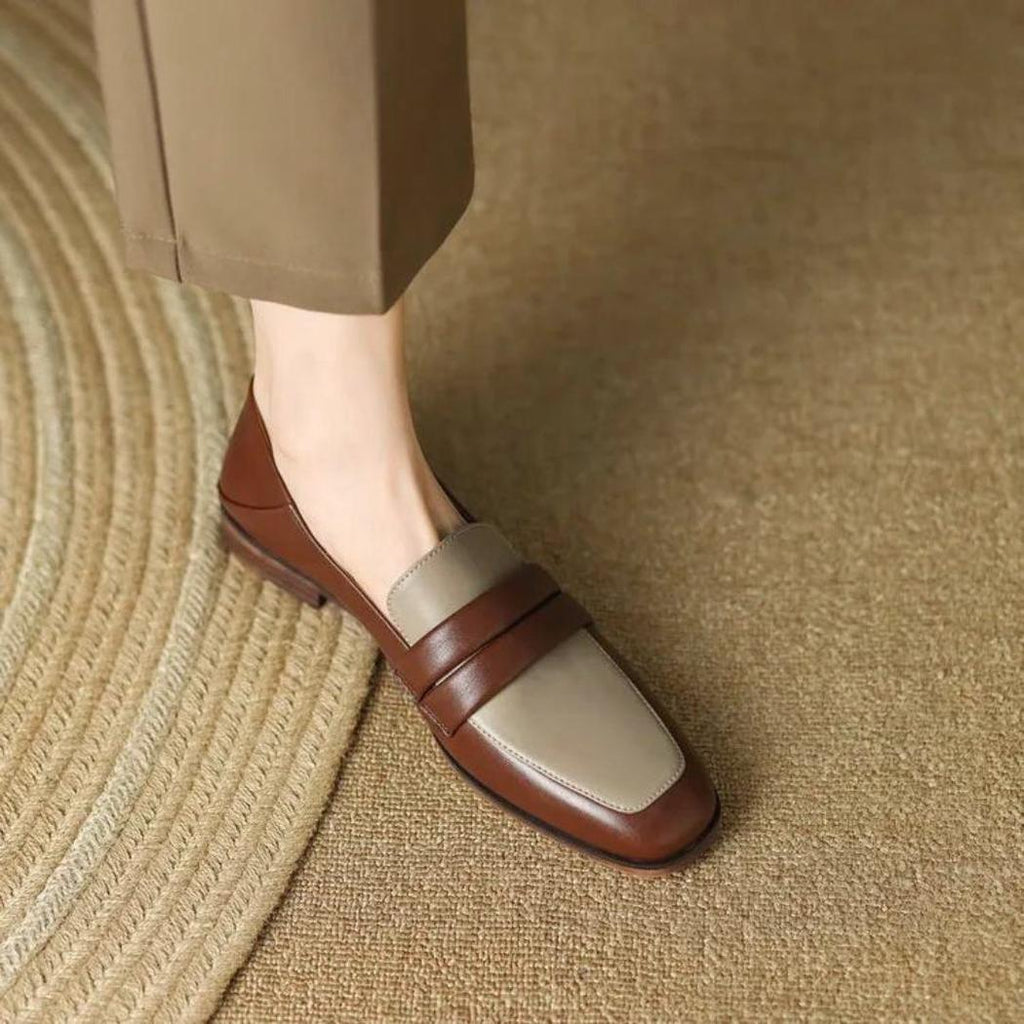 Mocassins bicolores à talon carré en cuir véritable pour femme