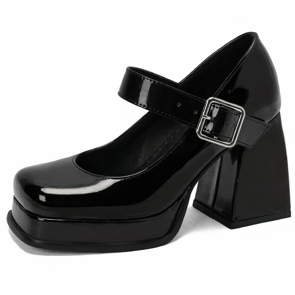 Mocassin mary janes vernis avec un gros talon carré et semelle épaisse