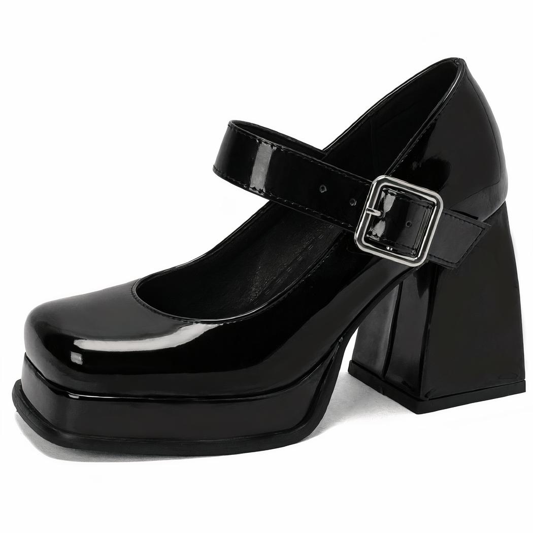 Mocassin mary janes vernis avec un gros talon carré et semelle épaisse