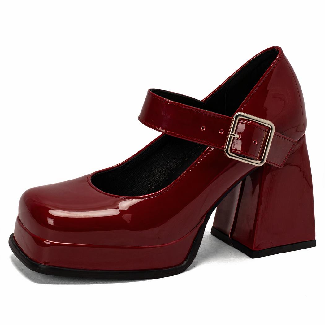 Mocassin mary janes vernis avec un gros talon carré et semelle épaisse