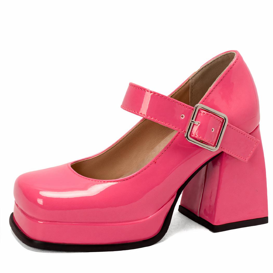Mocassin mary janes vernis avec un gros talon carré et semelle épaisse