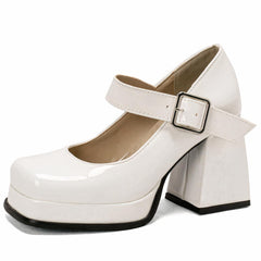 Mocassin Mary Jane vernis à talon carré, Blanc
