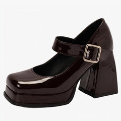 Mocassin Mary Jane vernis à talon carré, Marron