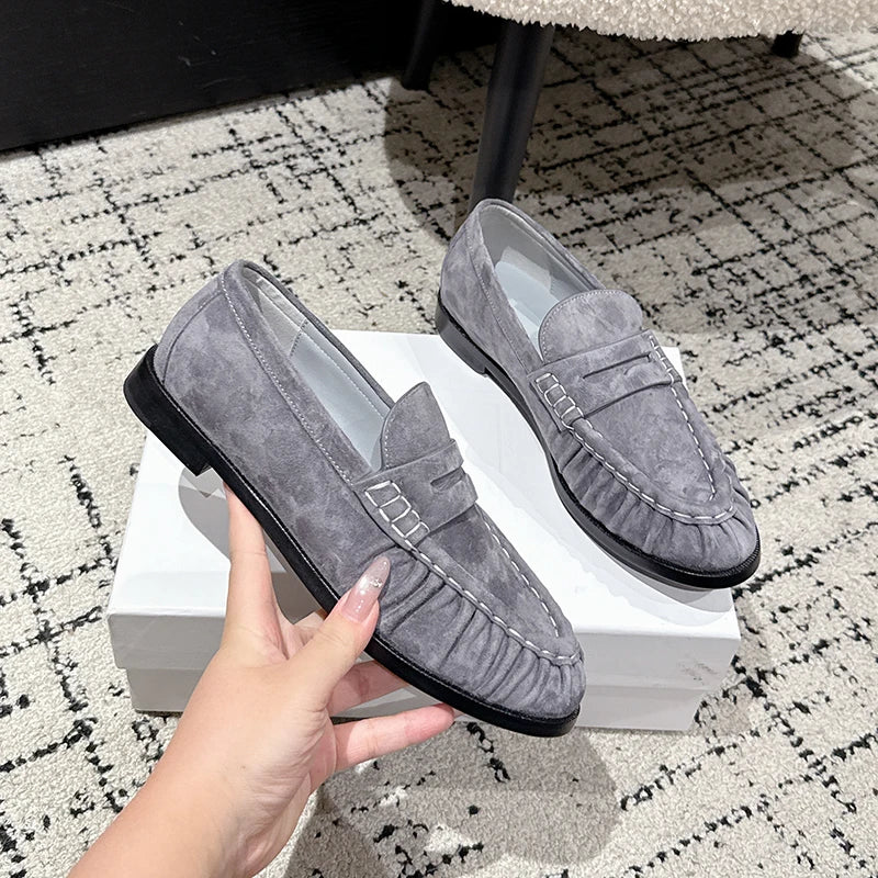 Mocassins plissés en daim pour femme, coloris Gris