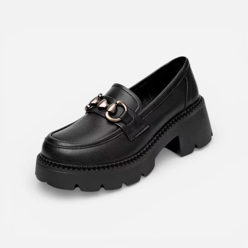 Mocassin Cuir Mat Noir Plateforme Chainette Argentée Femme