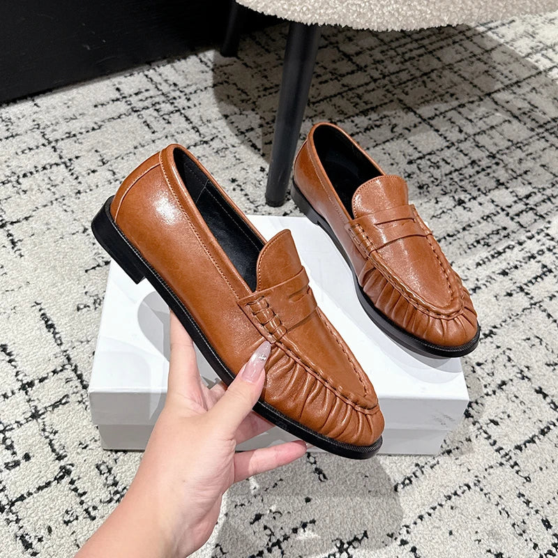 Mocassins plissés en cuir lisse pour femme, coloris Cognac