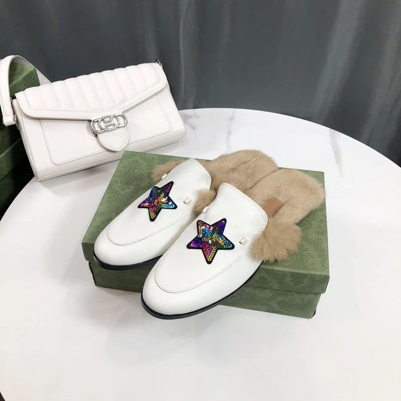 Mule fourrée à étoiles pour femme, coloris Blanc cuir