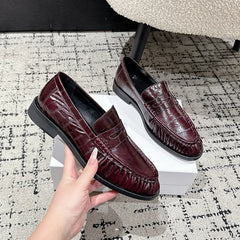 Mocassins croco femme à enfiler, effet plissé autruche, Bordeaux foncé