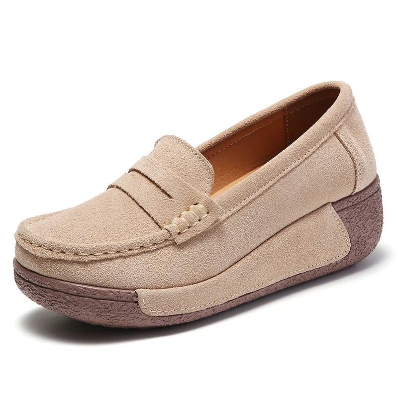 Mocassins penny à semelle épaisse en daim pour femme, coloris Beige
