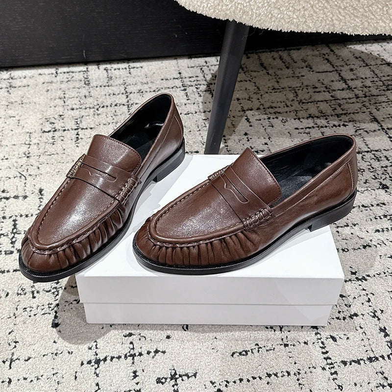 Mocassins plissés en cuir lisse pour femme