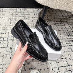 Mocassins croco femme à enfiler, effet plissé autruche, Noir croco
