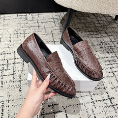 Mocassins croco femme à enfiler, effet plissé autruche, Marron autruche