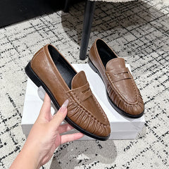 Mocassin Cuir Lisse Femme Plissé Talon Ouvert, Marron