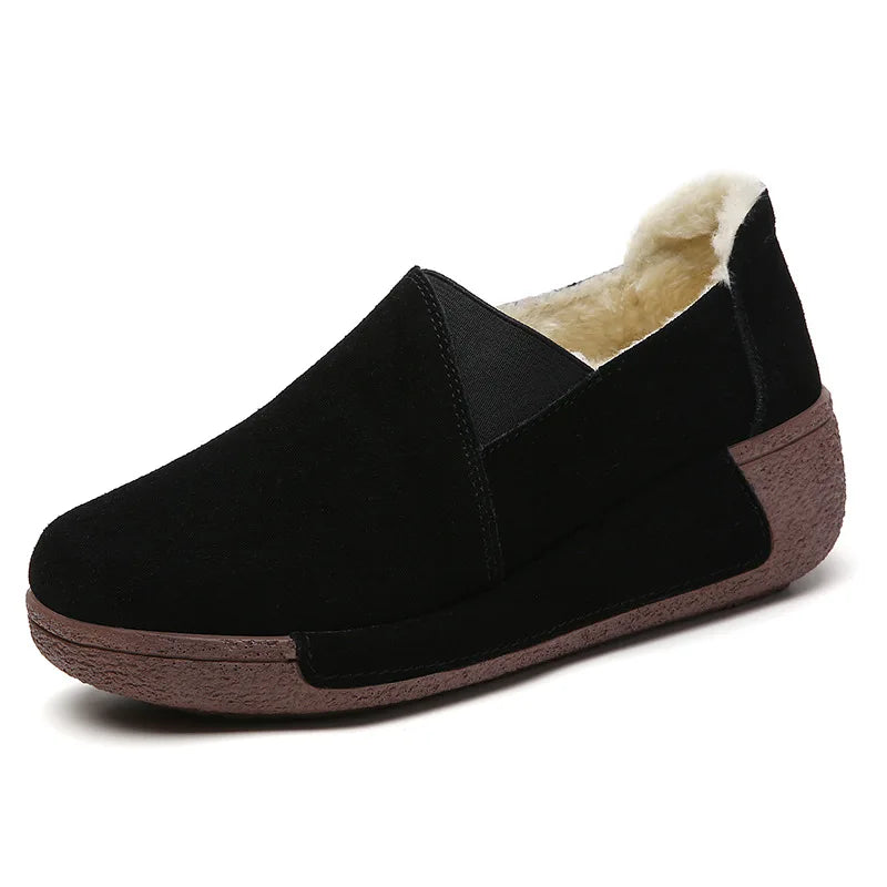 Mocassins à semelle épaisse en daim doublés polaire pour femme, coloris Noir