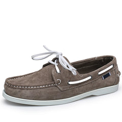 Mocassins bateau homme en daim à lacets blancs, Taupe