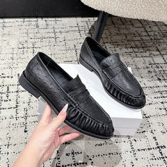 Mocassins croco femme à enfiler, effet plissé autruche, Noir autruche
