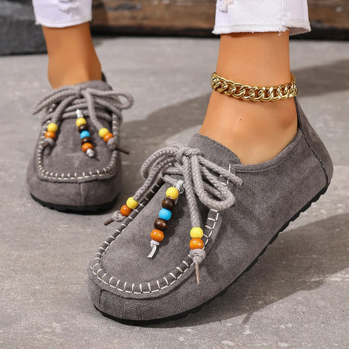 Mocassins à lacets et perles pour femme, coloris Gris