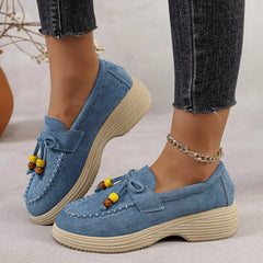 Mocassin compensé femme à nœud et perles multicolores, Bleu