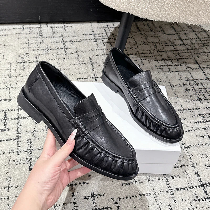 Mocassins plissés en cuir lisse pour femme, coloris Noir