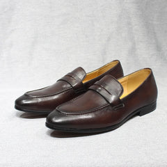 Penny Loafer Homme en Cuir Patiné à la Main, Marron foncé