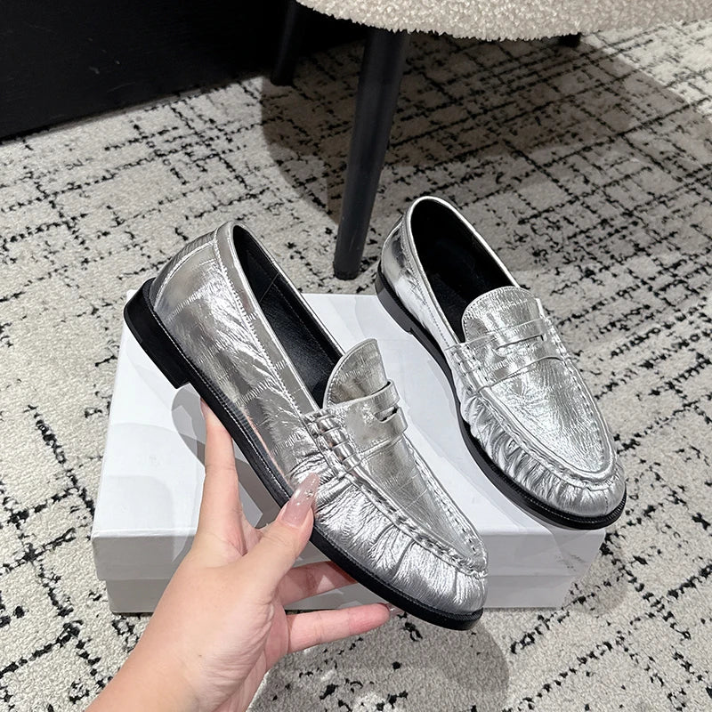 Mocassins plissés en cuir lisse pour femme, coloris Argent