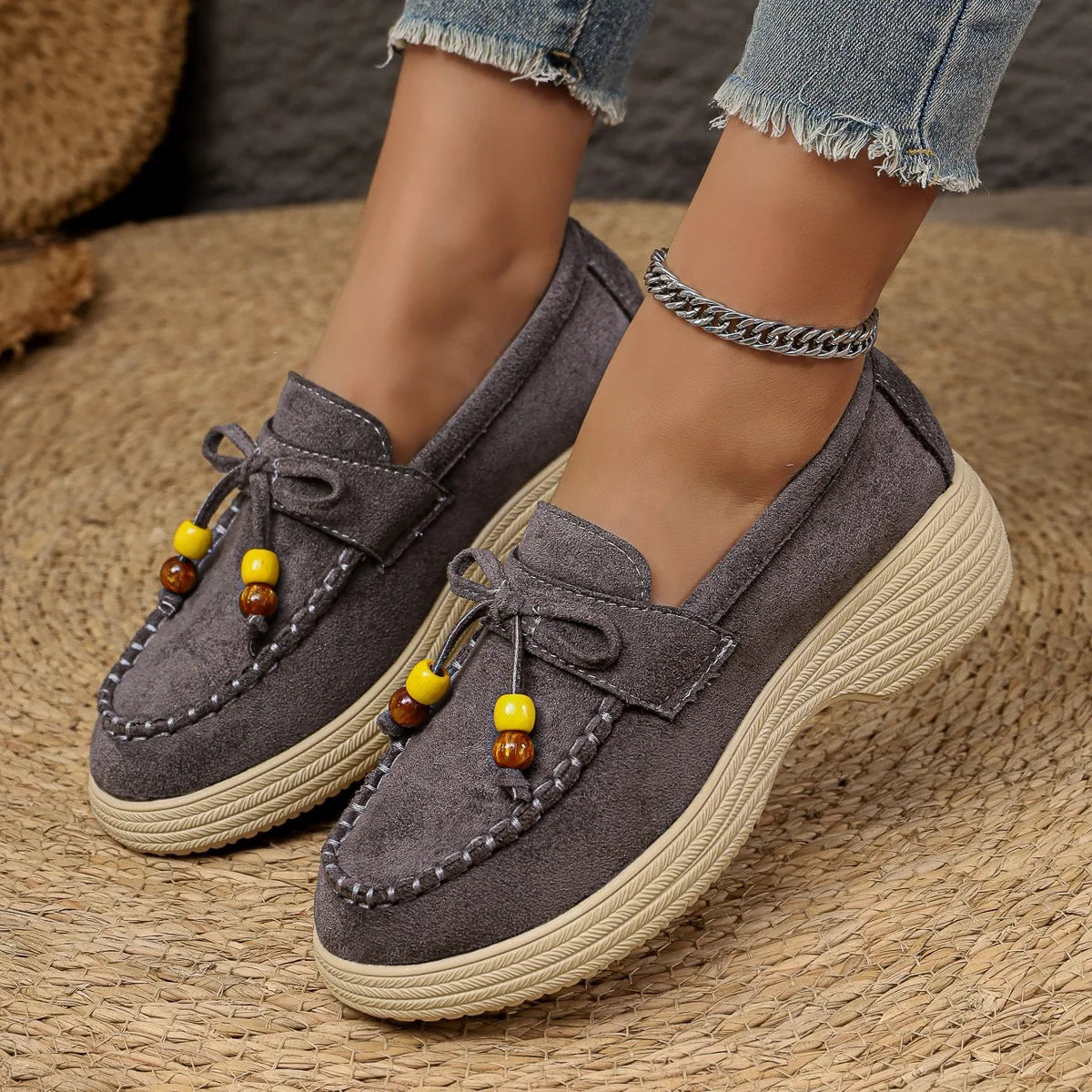 Mocassins à plateforme, nœud et perles pour femme, coloris Gris foncé