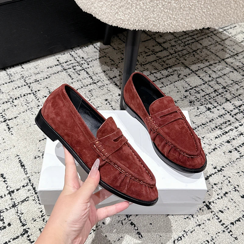 Mocassins plissés en daim pour femme, coloris Rouge brique