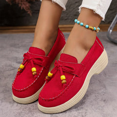 Mocassin compensé femme à nœud et perles multicolores, Rouge