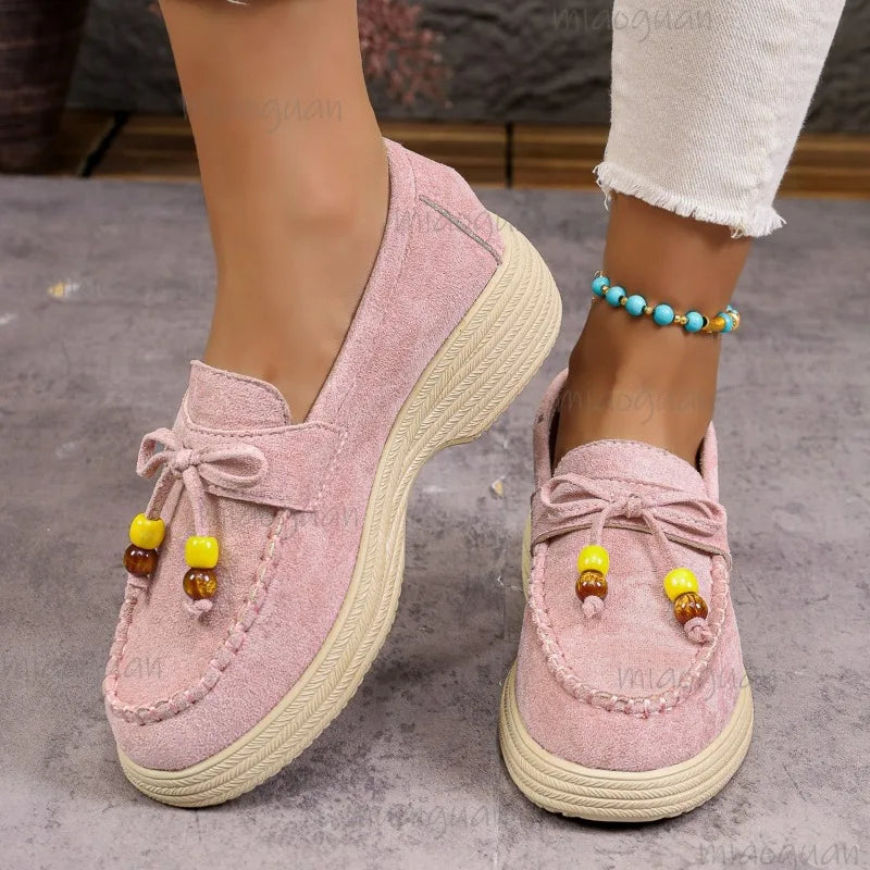 Mocassins à plateforme, nœud et perles pour femme