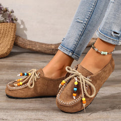 Mocassin perles femme à lacets et ornements colorés, Camel
