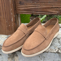 Mocassins souples homme en daim taupe à semelle claire, Camel