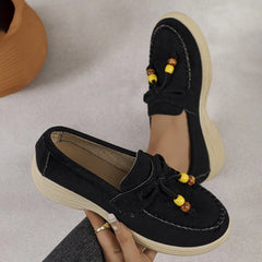 Mocassin compensé femme à nœud perlé et plateforme, Noir