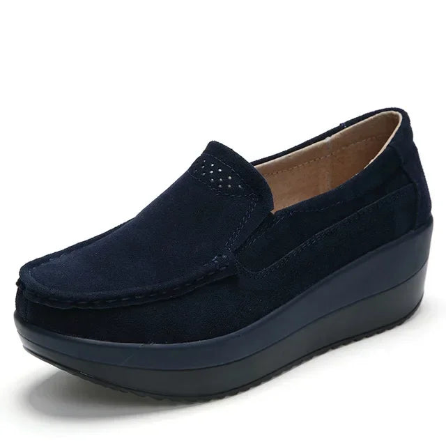 Mocassins plateforme en daim lisse pour femme, coloris Bleu marine