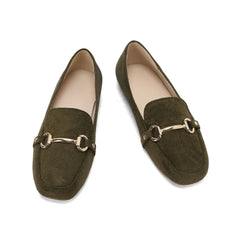 Mocassin daim femme à mors doré et bout carré, Kaki