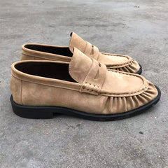 Mocassin femme daim marron à surpiqûres plissées, Beige