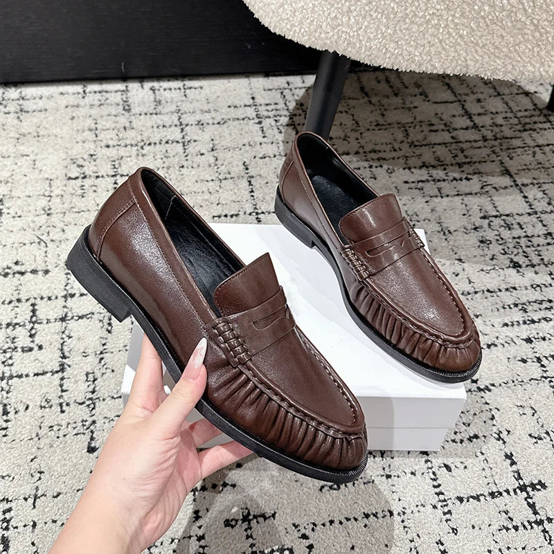 Mocassins plissés en cuir lisse pour femme, coloris Chocolat