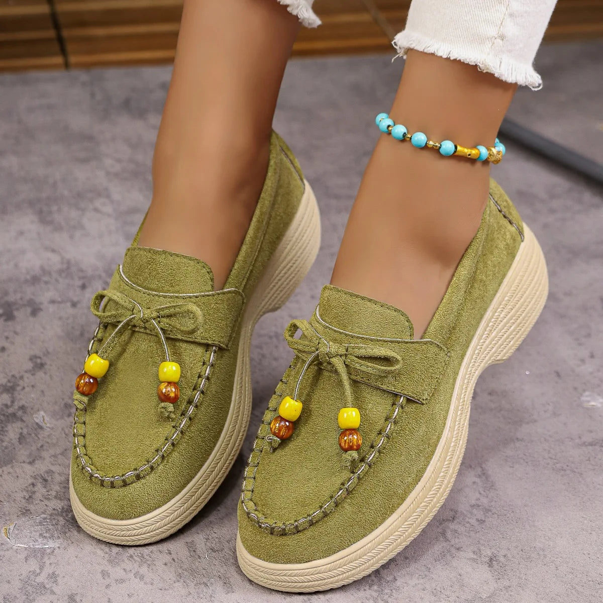 Mocassins à plateforme, nœud et perles pour femme, coloris Vert