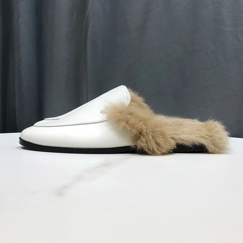 Mule fourrée unie pour femme, coloris Blanc cuir
