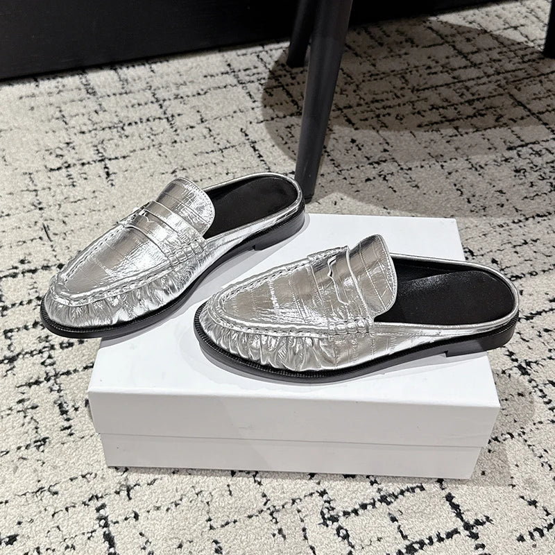 Mocassins plissés en cuir effet croco et autruche pour femme