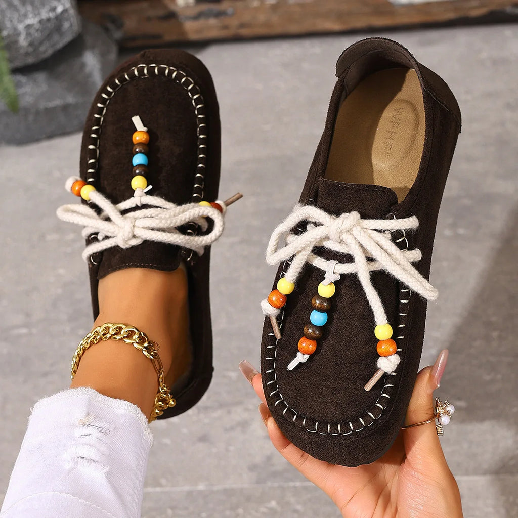 Mocassins à lacets et perles pour femme, coloris Marron