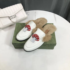 Mules fourrées chaudes pour femme à motif champignon, Blanc cuir