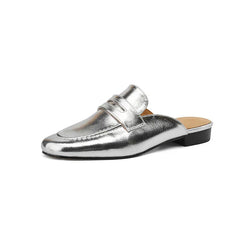 Mules mocassin femme cuir à talon penny loafer, Argenté