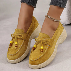 Mocassin compensé femme à nœud et perles multicolores, Jaune