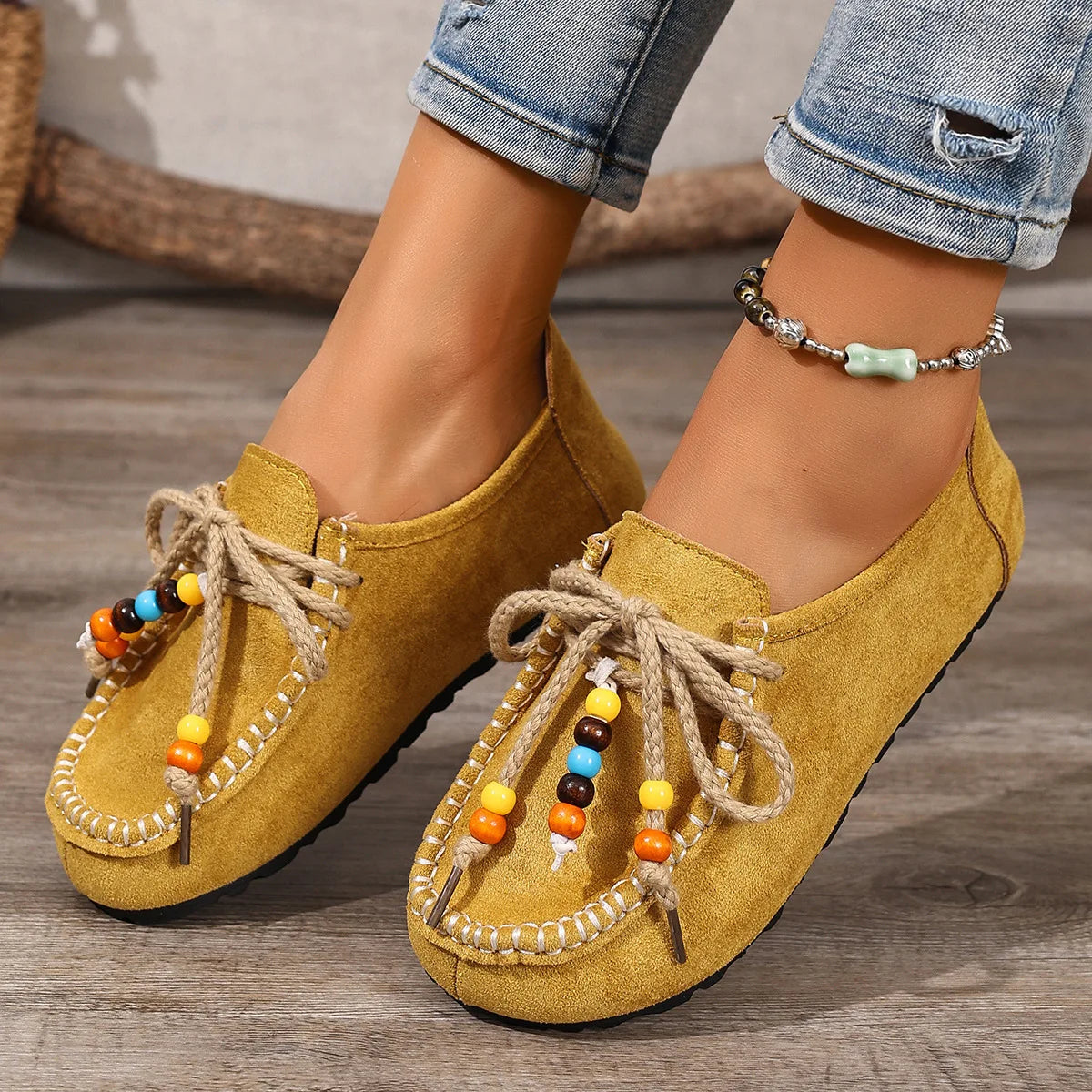 Mocassins à lacets et perles pour femme, coloris Jaune