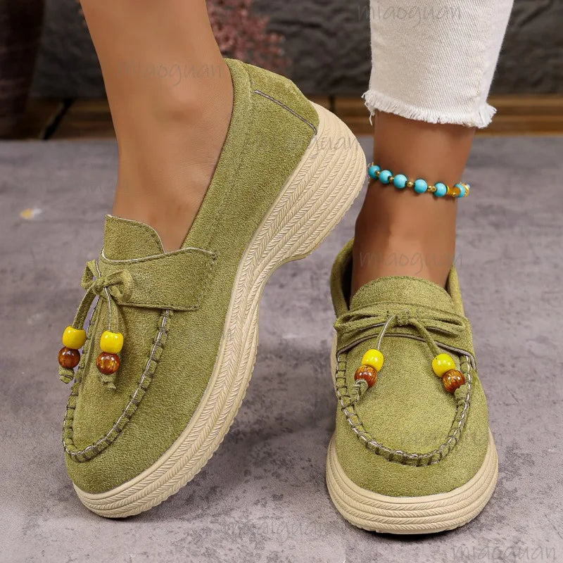 Mocassins à plateforme, nœud et perles pour femme