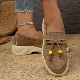 Mocassins à plateforme, nœud et perles pour femme, coloris Taupe