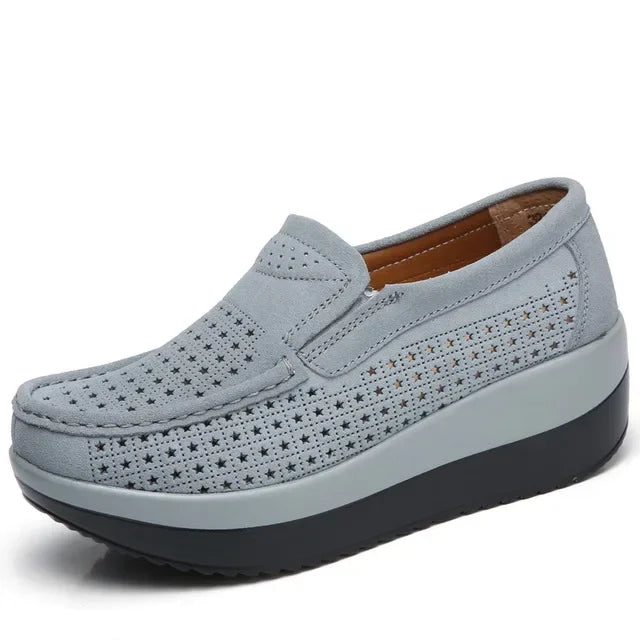 Mocassins plateforme en daim ajouré pour femme, coloris Gris